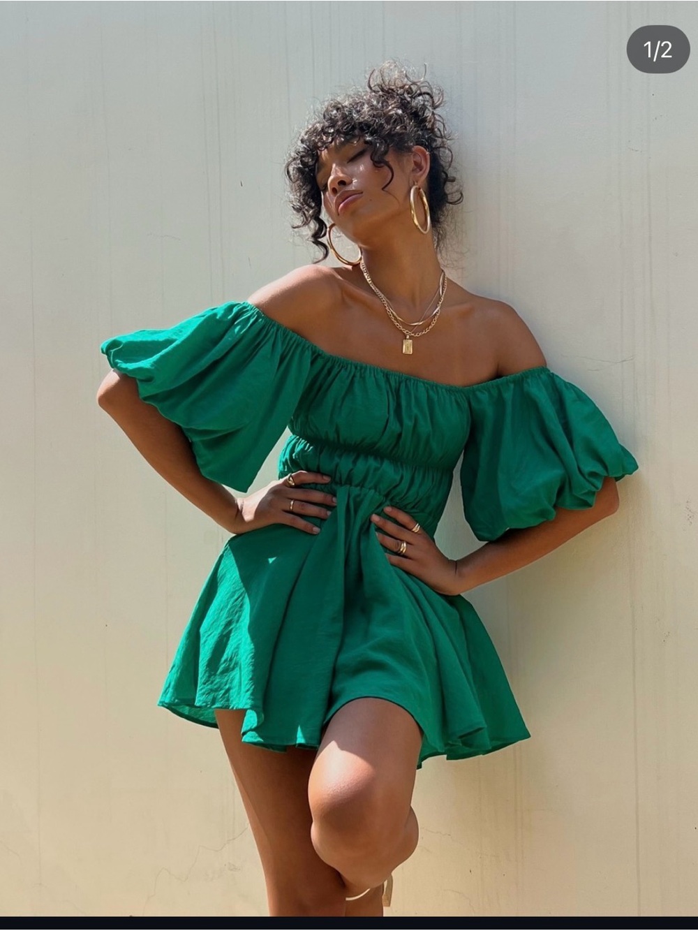 Princess Polly Emerald Green Off-Shoulder Puff Sleeve Mini Dress